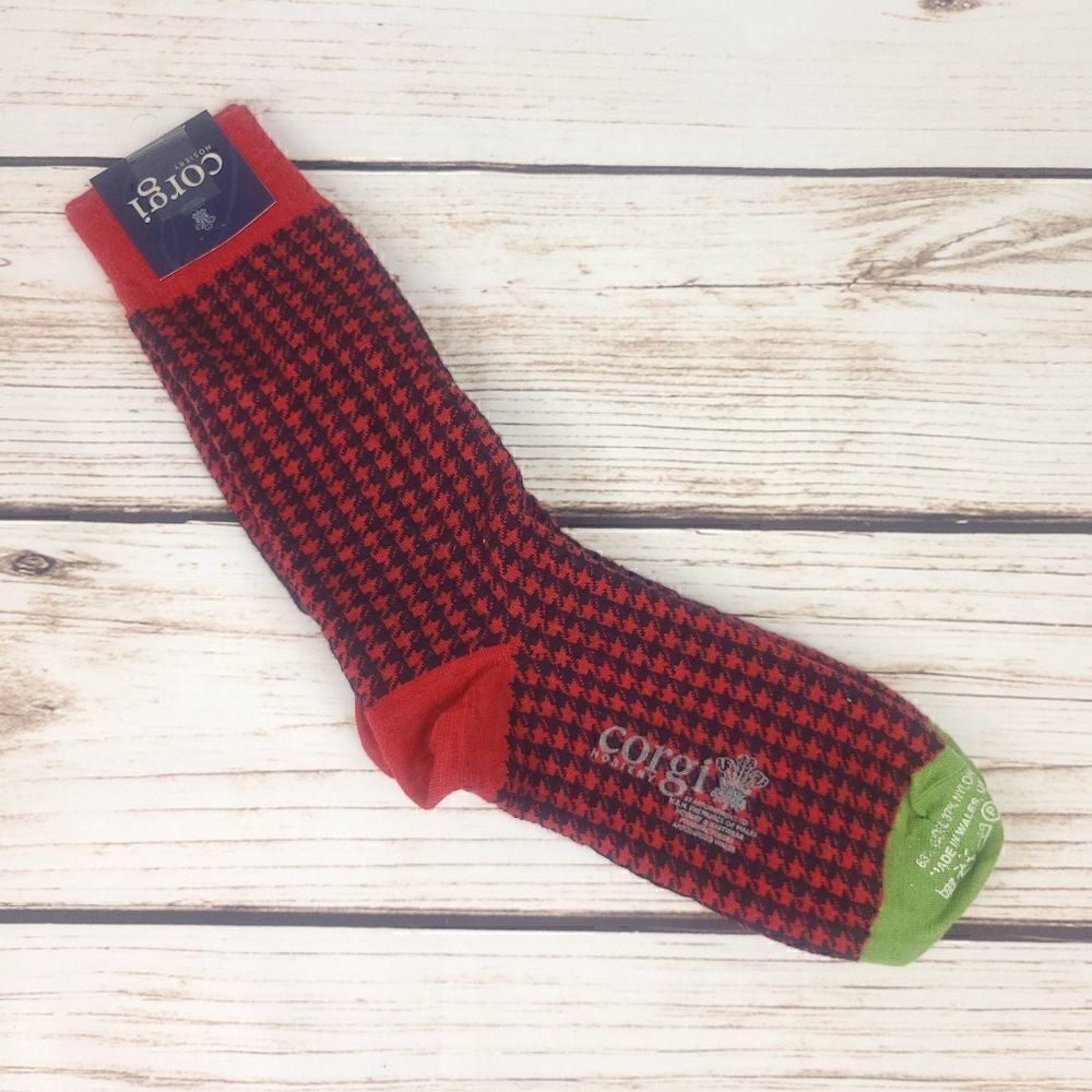 Corgi Wool Blend Red Black Houndstooth hosiery socks Made In Wales UK Size XS